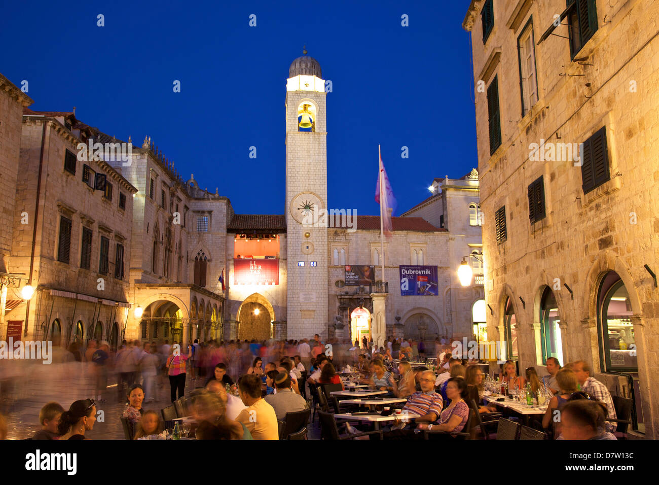 Restaurants, Clock Tower and Stradun, Dubrovnik, Croatia Stock Photo Alamy