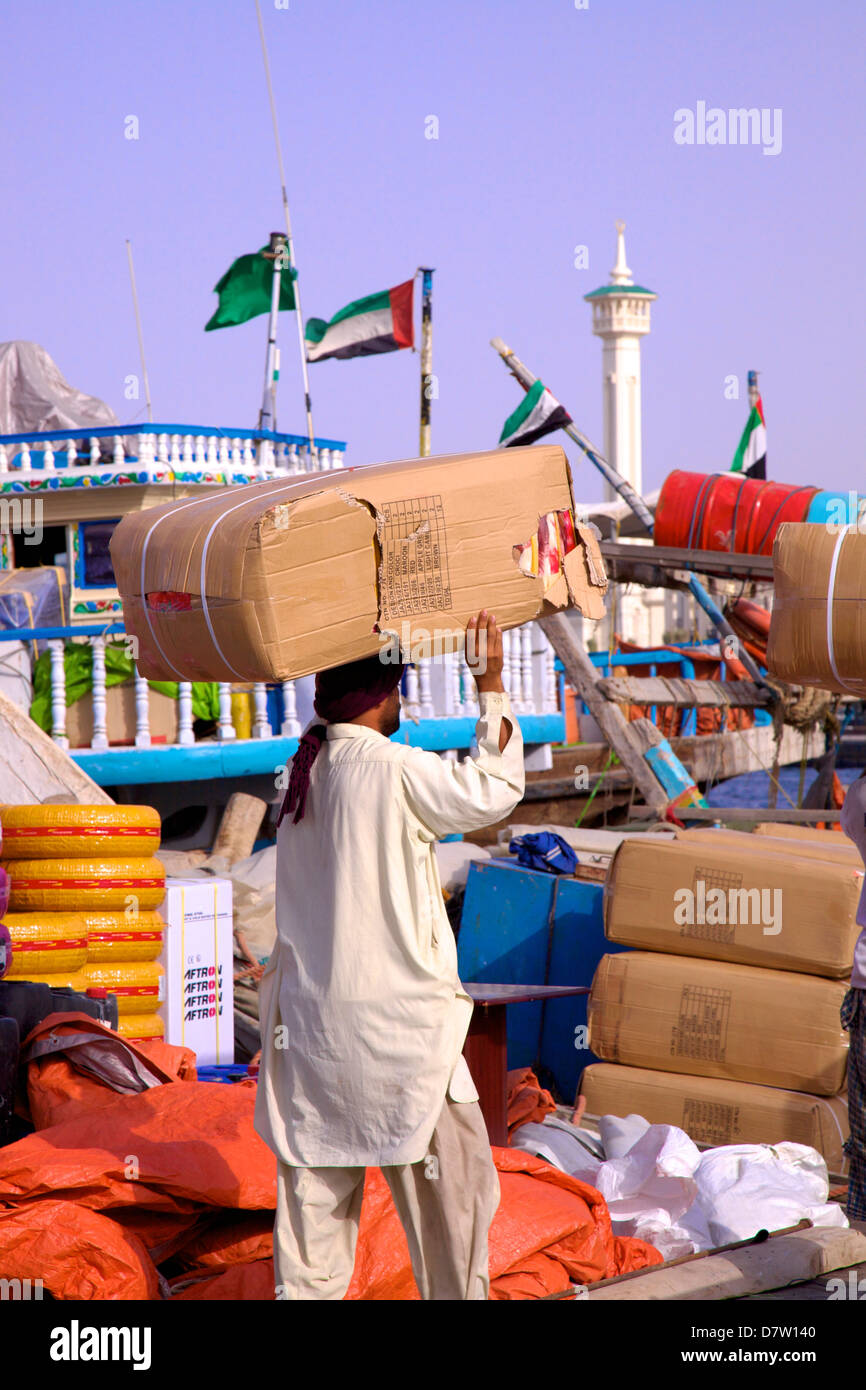 Shipping goods at Dubai Creek, Dubai, United Arab Emirates, Middle East Stock Photo