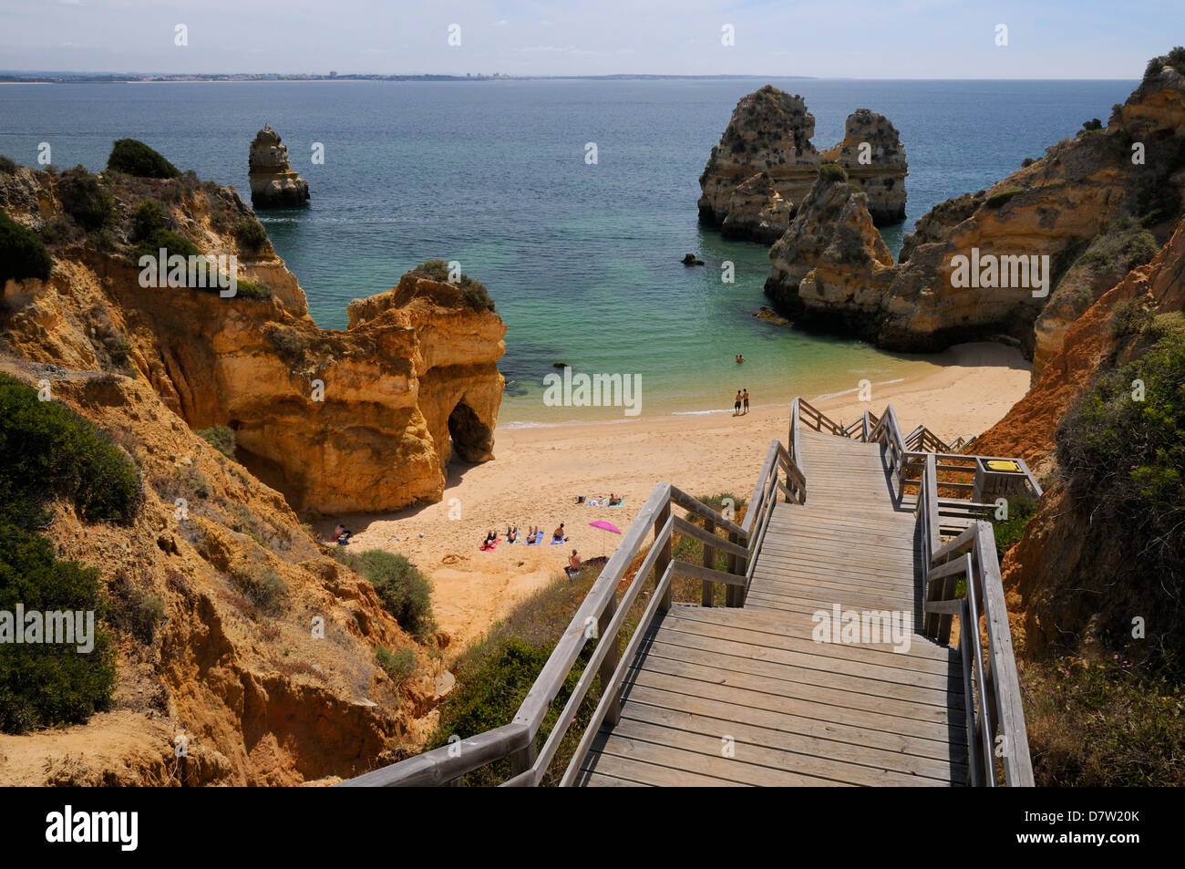 Wooden steps down to Praia do Camilo (Camel beach), Lagos, Algarve, Portugal Stock Photo
