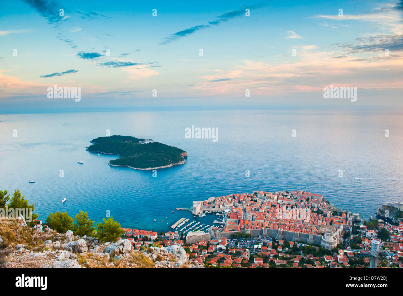 View over Dubrovnik, Lokum Island and Adriatic Sea, Dubrovnik, Dalmatian Coast, Croatia Stock Photo