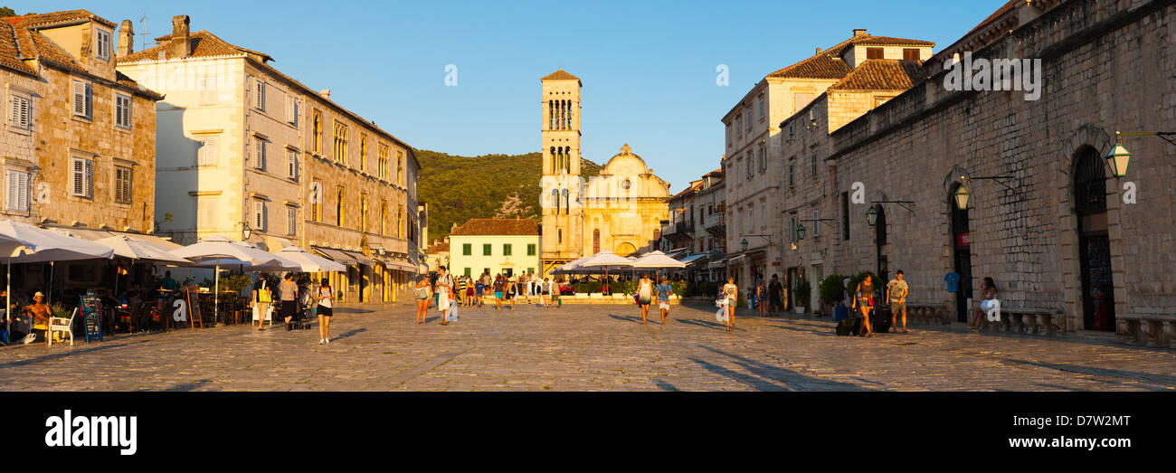 Tourists in St. Stephens Square, Hvar Town, Hvar Island, Dalmatian Coast, Croatia Stock Photo