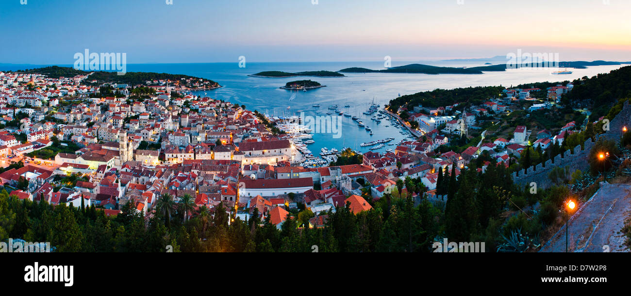 Hvar Town and the Pakleni Islands (Paklinski Islands) at night, Hvar Island, Dalmatian Coast, Adriatic Sea, Croatia Stock Photo