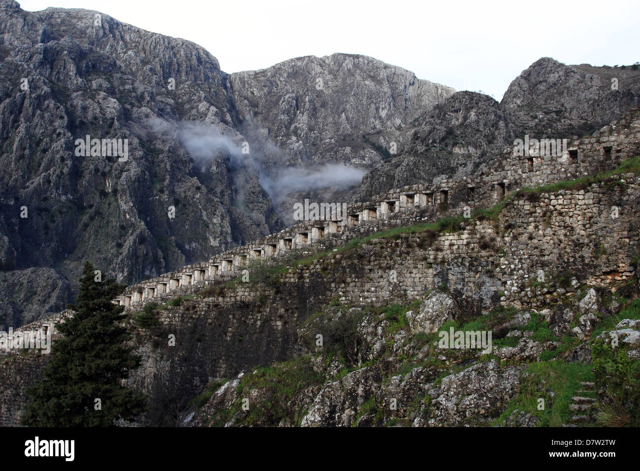FORTRESS WALLS & LOW CLOUD KOTOR MONTENEGRO 25 March 2013 Stock Photo