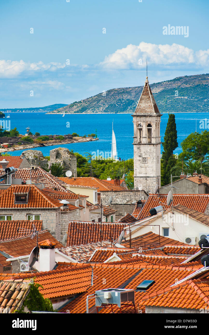 Spire of St. Michael Monastery and Church Belfry, Trogir, UNESCO World Heritage Site, Dalmatian Coast, Adriatic, Croatia Stock Photo