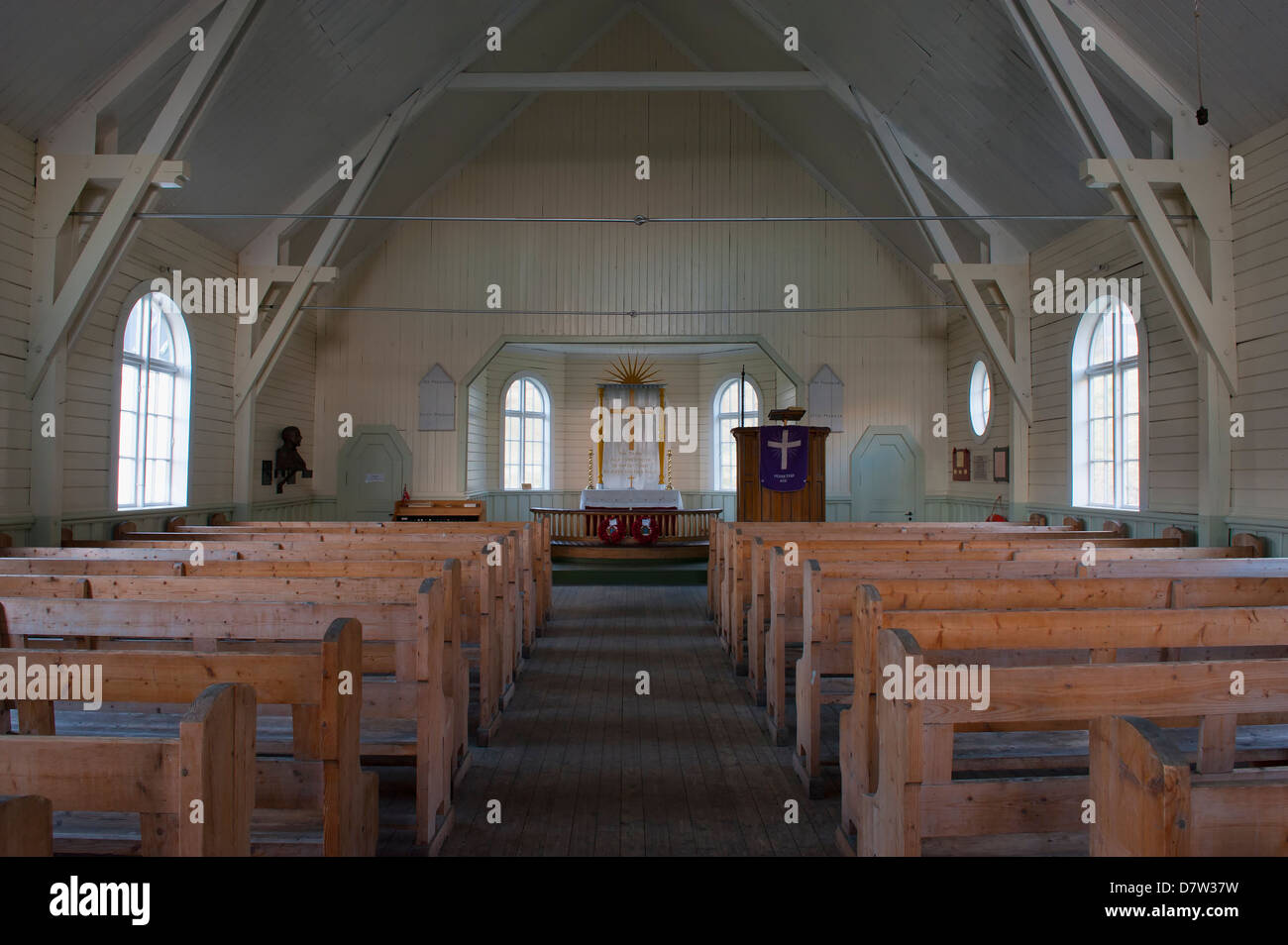Interior of Whalers' Church, Former Grytviken Whaling Station, South Georgia Stock Photo