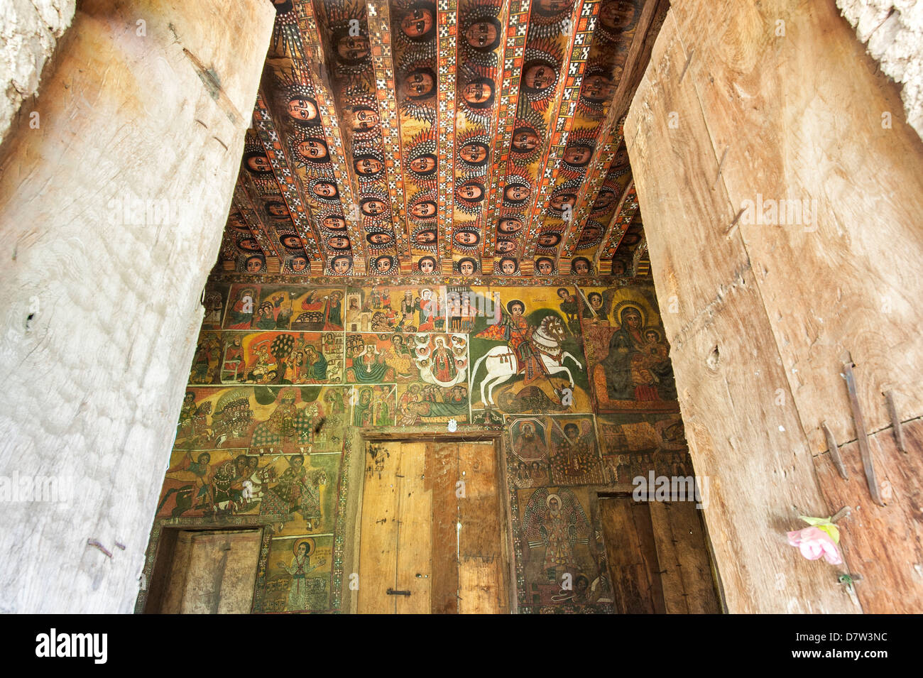 Ancient wall paintings inside the Debre Birhan Selassie Church, Gondar, Ethiopia Stock Photo