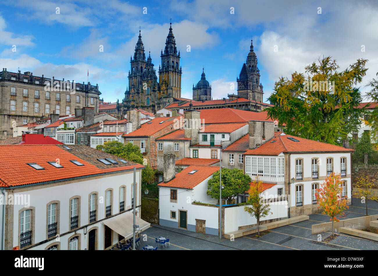 Cathedral spires in Old Town, Santiago de Compostela, UNESCO World Heritage Site, Galicia, Spain Stock Photo