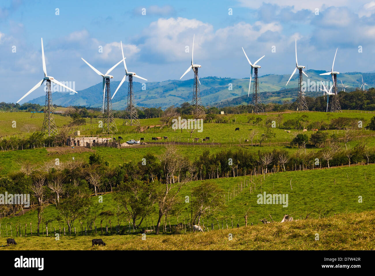 Some of the 55 20MW turbines at the Tilaran wind power farm in hills west of Arenal, Tilaran, Guanacaste Province, Costa Rica Stock Photo