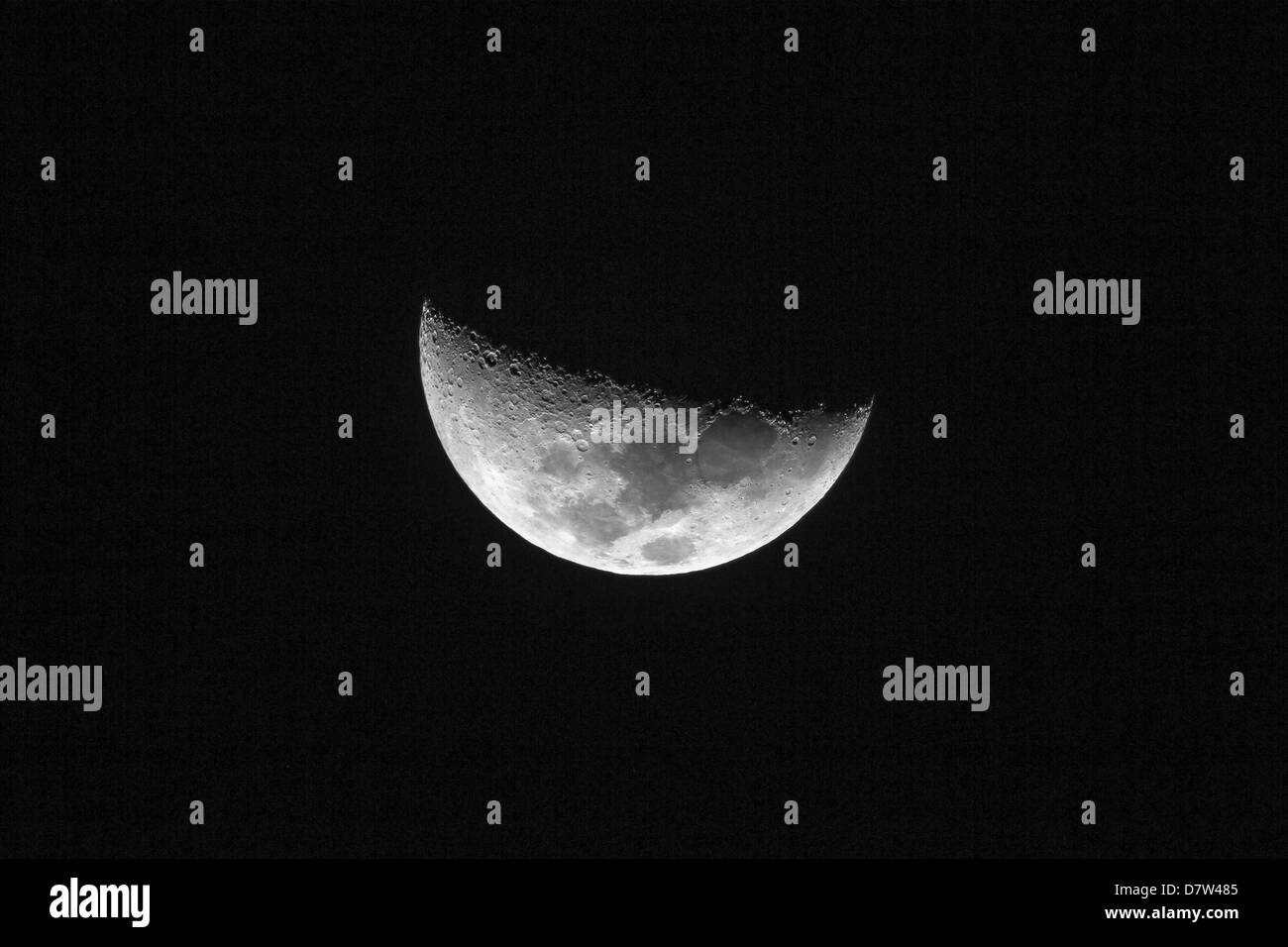 Half moon showing the following Maria, Crisium, Fecunditatis, Tranquilitatis and Serenitatis, seen over Nosara, Costa Rica Stock Photo