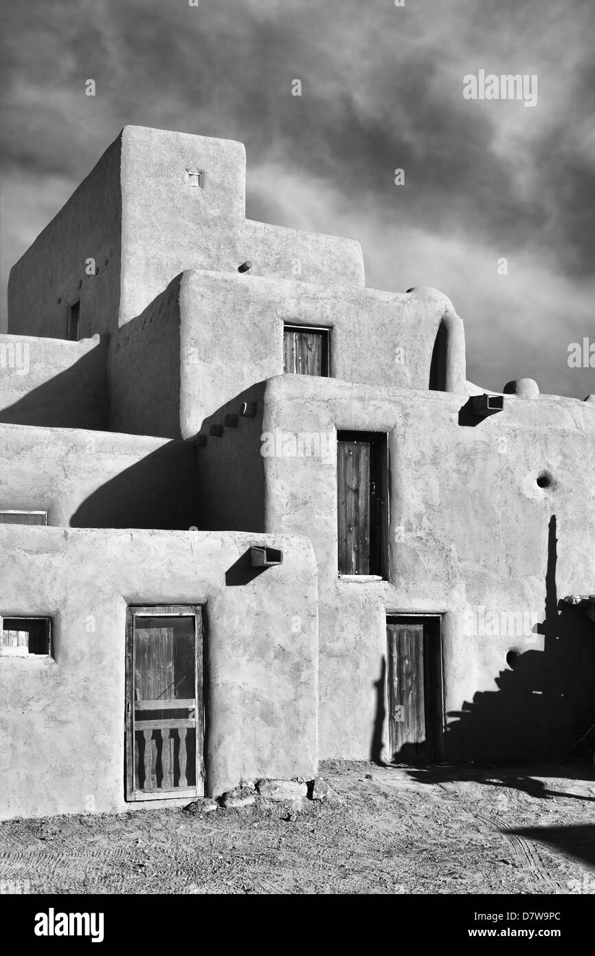 Stacked Dwellings at Taos Pueblo, B&W photo in the style of Ansel Adams and W.H.Jackson Stock Photo