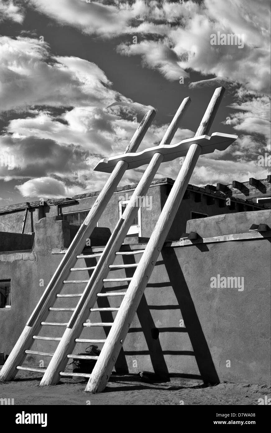Kkiva ladder at Acoma Pueblo New Mexico, B&W in the style of Ansel Adams and W.H.Jackson. Stock Photo