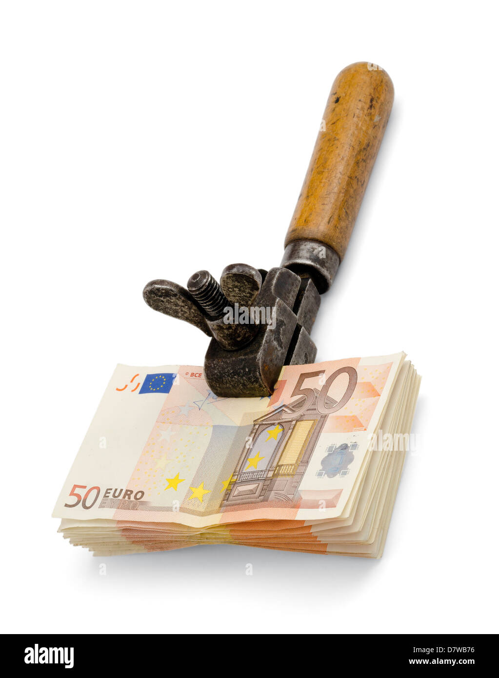 Tightening up on your money. Euro banknotes Stock Photo