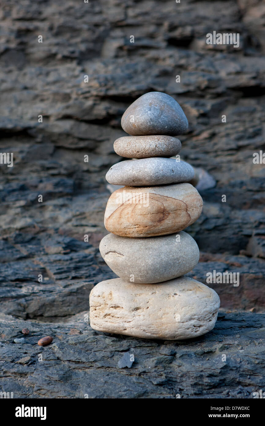 Stacked Pebbles forming a small cairn Stock Photo
