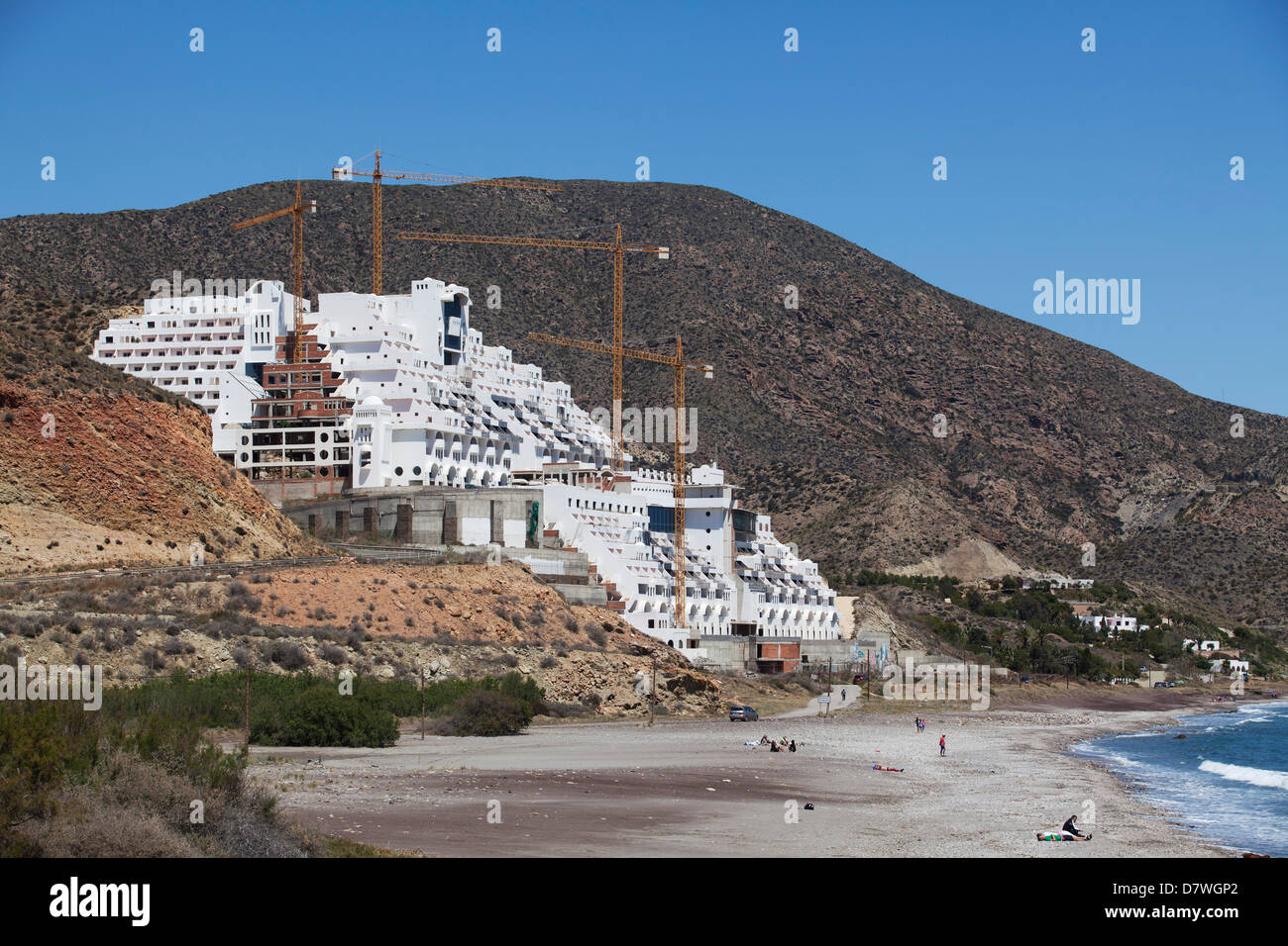 Abandoned construction sites on Spain's coast. Iconic Hotel Algarrobico at Cabo de Gata, Almeria, Andalusia, Spain, Europe, EU Stock Photo