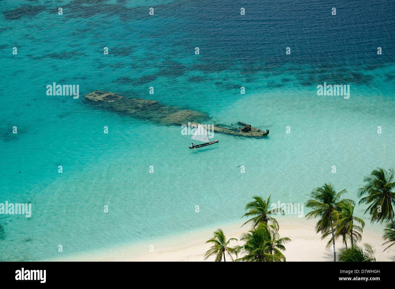 Aerial view of old wreck and palm tree in a tropical beach Stock Photo