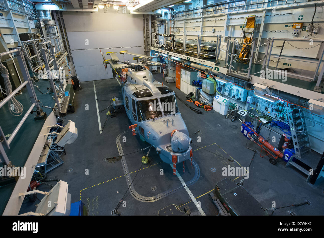 The Hangar and the Mk8 Lynx (Maritime variant) helicopter onboard HMS Diamond Stock Photo