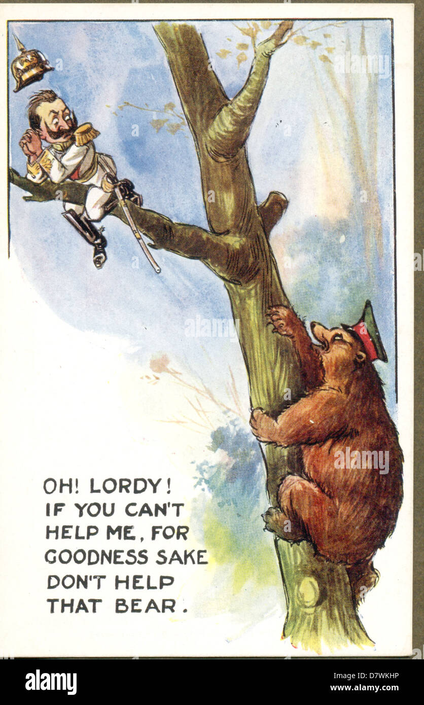 World War One postcard cartoon of Kaiser Wilhelm II and the Russian Bear Stock Photo