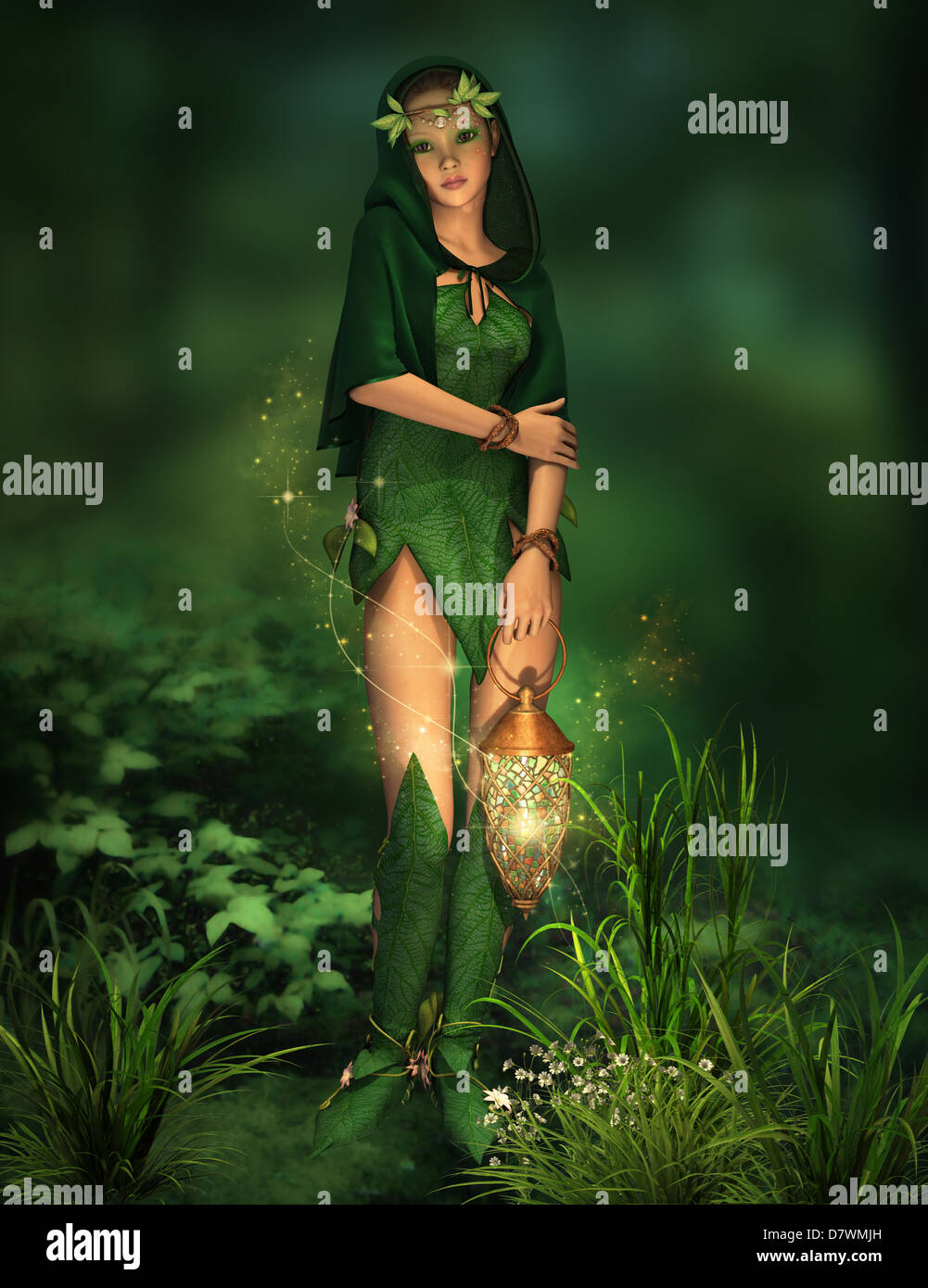 a deep forest fairy with a lantern in her hand Stock Photo