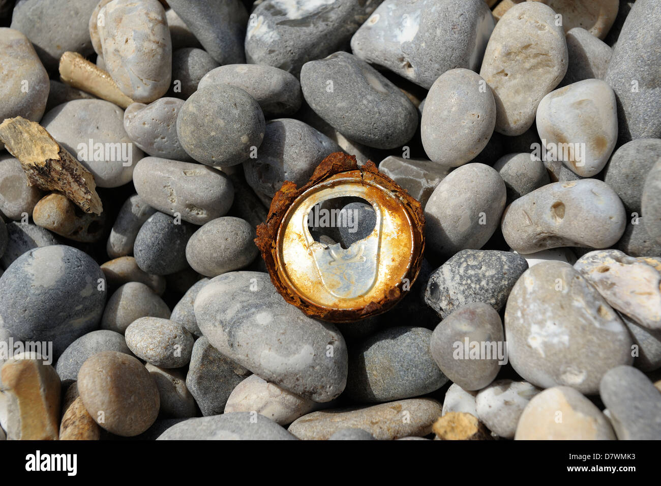 part of a rusty drinks can polluting a pebble beach england uk Stock Photo