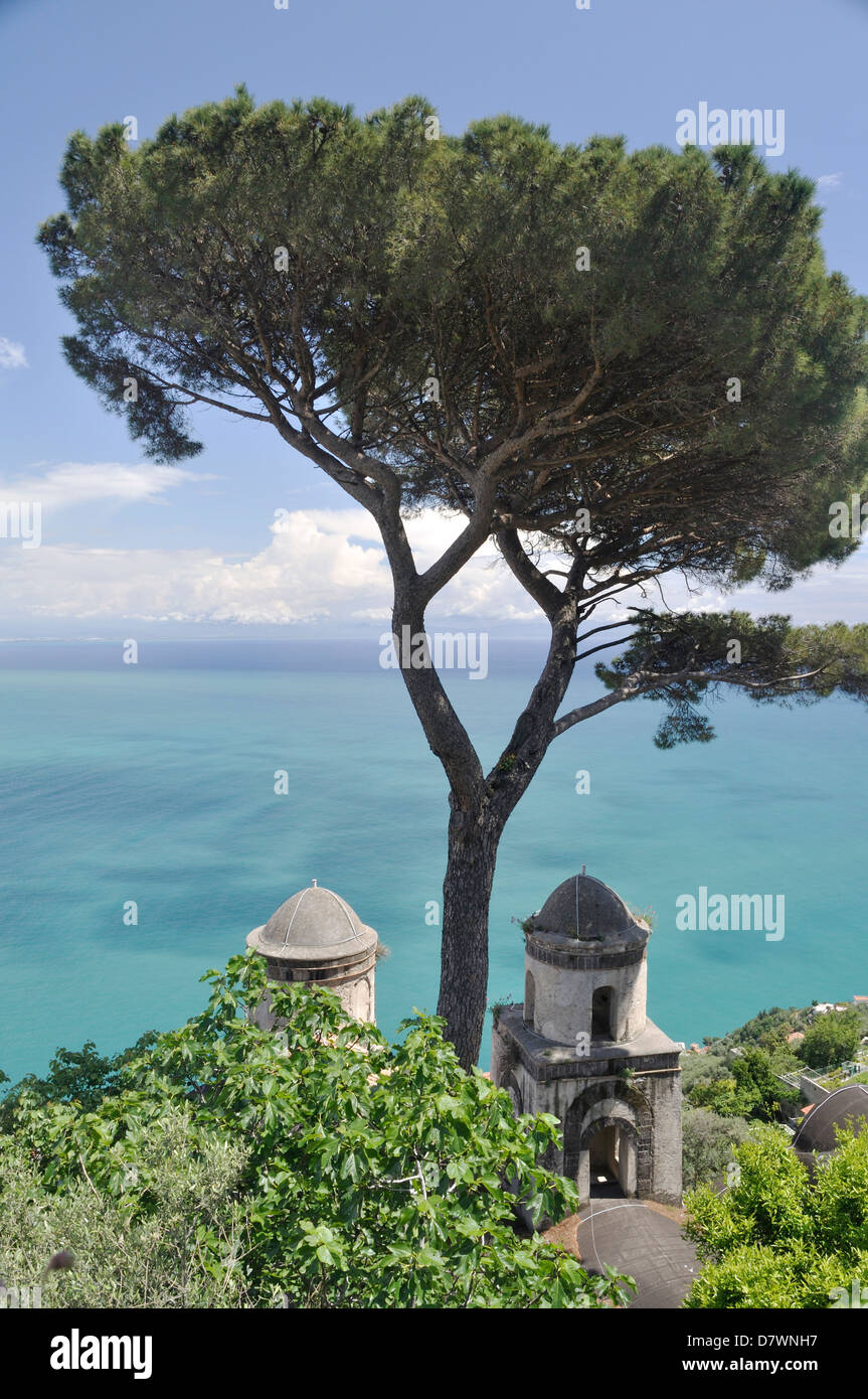 View from the gardens at the Villa Rufolo, Ravello, Italy, across the Golfo di Salerno. Stock Photo