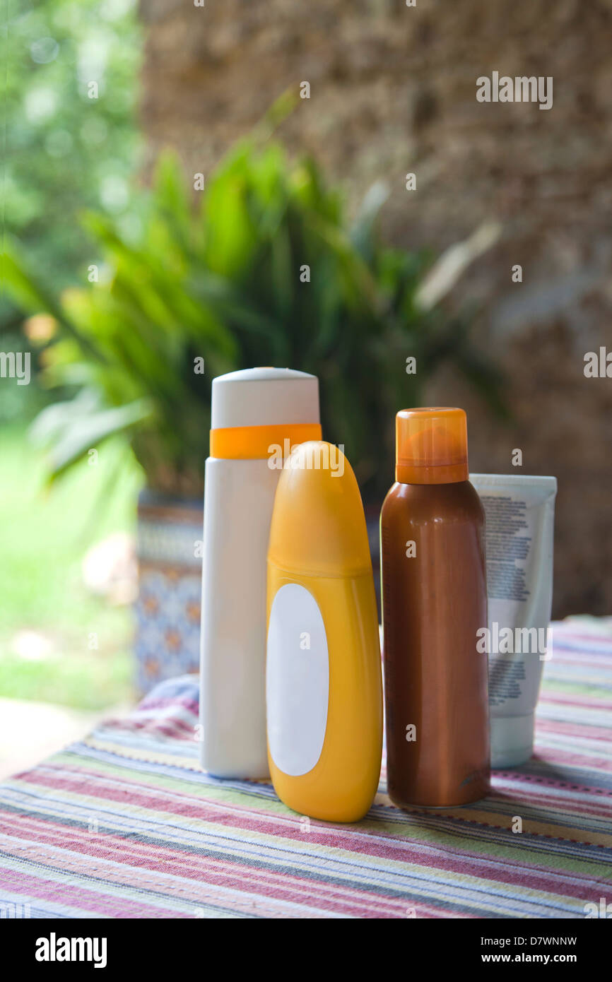 Sun protection cosmetic bottles Stock Photo