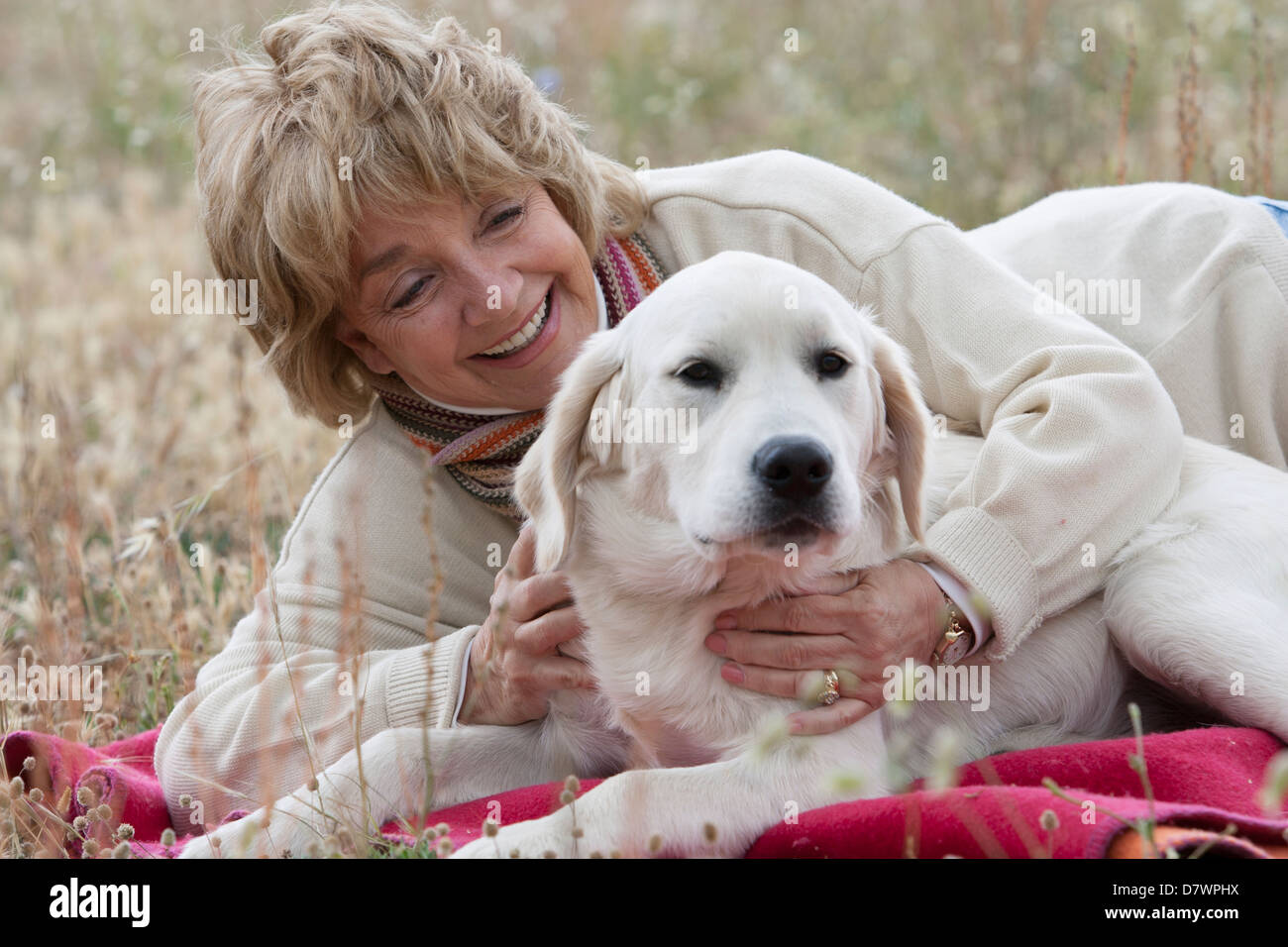 Elederly woman lying in a field with her dog Stock Photo