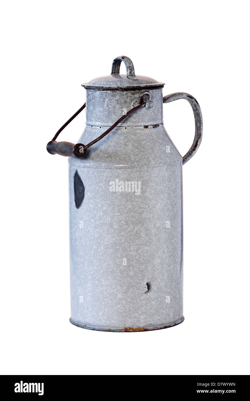 Old enamel milk jug with wooden handle and small paint damage isolated