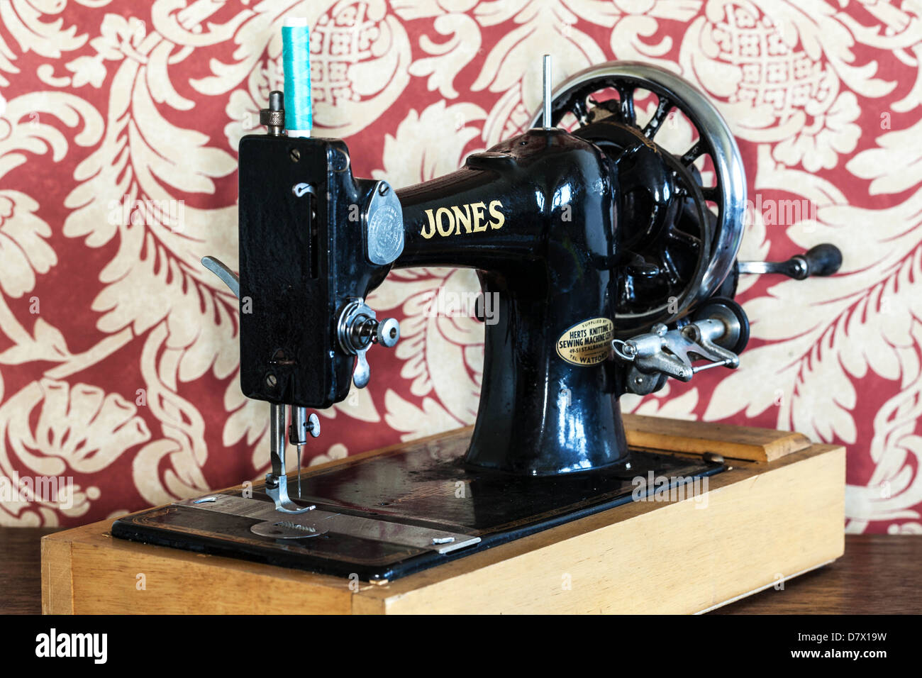 Old Jones sewing machine. Stock Photo