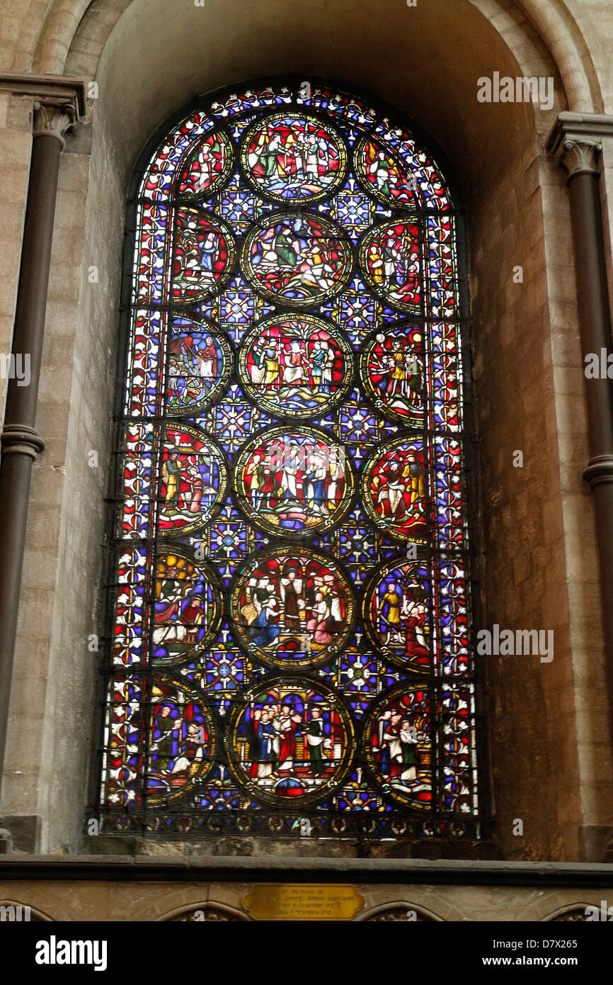Stained glass window, Canterbury Cathedral, Kent, one of the oldest and most famous Christian