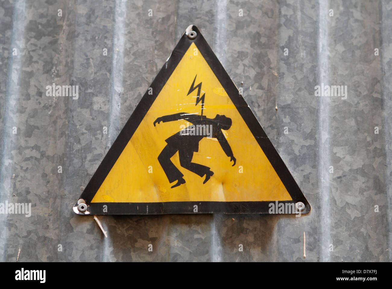 Electrical shock risk sign seen on a power plant in the Spanish island of Mallorca. Stock Photo