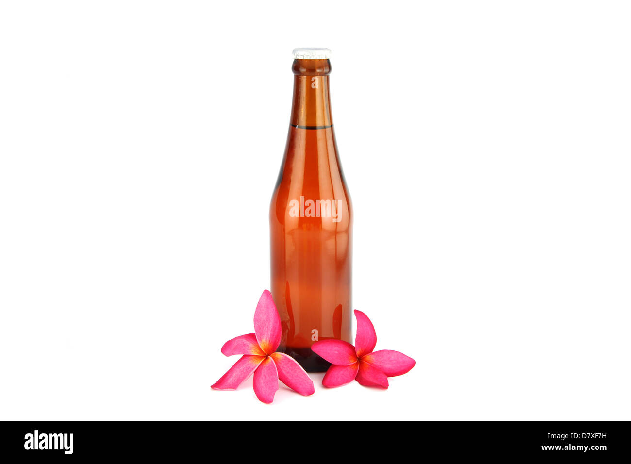 Wine bottle brown and Pink flowers. Stock Photo