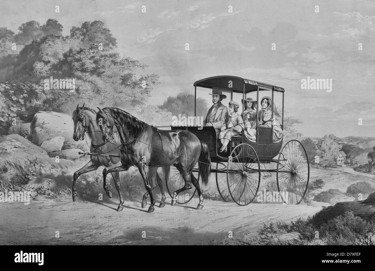 Life in the country: 'the morning ride', family in horse and carriage Stock Photo
