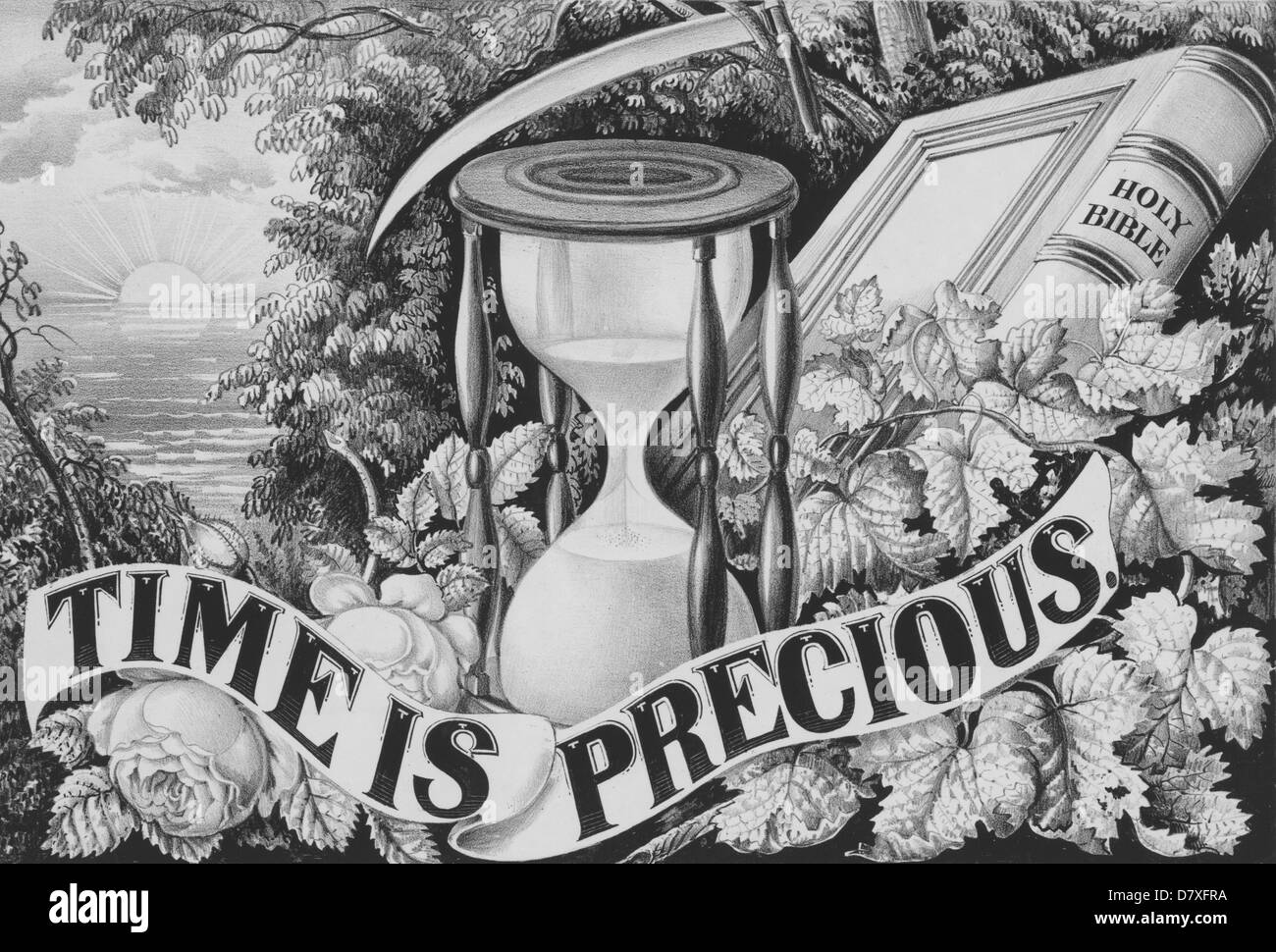 Time is precious - Illustration with Bible and hourglass with sun rising in the background Stock Photo