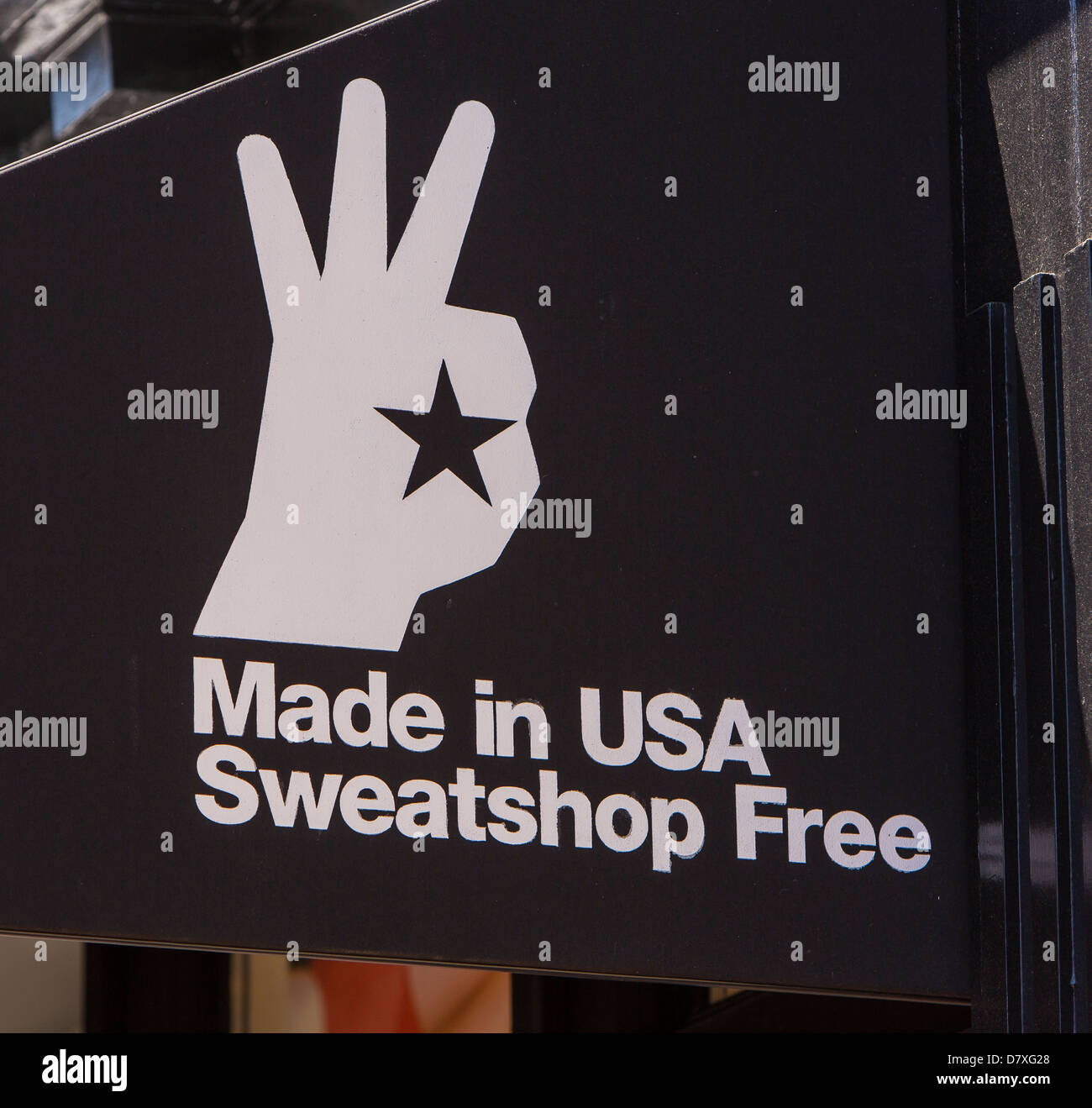 WASHINGTON, DC, USA - Made in USA Sweatshop Free sign at store on M Street in Georgetown neighborhood. Stock Photo