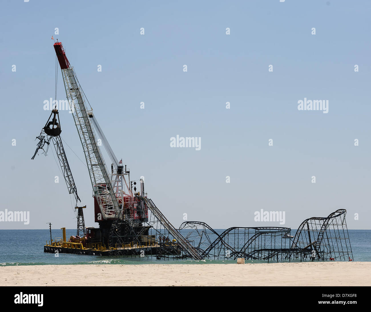 Seaside Heights,  NJ, USA, 14 May, 2013. The Jet Star roller coaster off of the Seaside Boardwalk is demolished immediately following a visit by Prince Harry of Wales.  The coaster became a widely-recognized symbol of the destruction caused by Superstorm Sandy. Stock Photo