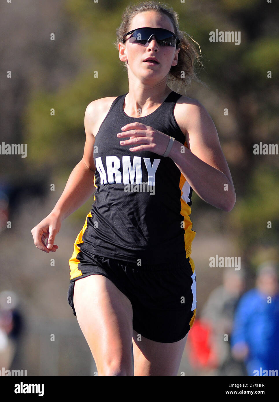 May 14, 2013: Army wounded warrior, Margaux Mange, in early round 100 meters action during Warrior Games track & field events at the United States Air Force Academy, Colorado Springs, Colorado. Over 260 injured and disabled service men and women have gathered in Colorado Springs to compete in seven sports, May 11-16. All branches of the military are represented, including Special Operations and members of the British Armed Forces. Stock Photo