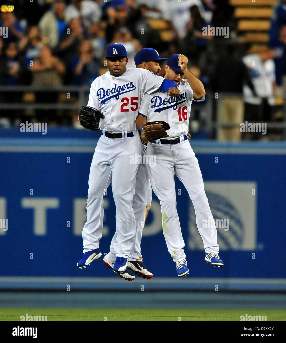 Los Angeles, CA. USA. June 27, 2013. Los Angeles Dodgers right fielder  Andre Ethier #16, Los Angeles Dodgers center fielder Matt Kemp #27 and Los  Angeles Dodgers right fielder Yasiel Puig #66