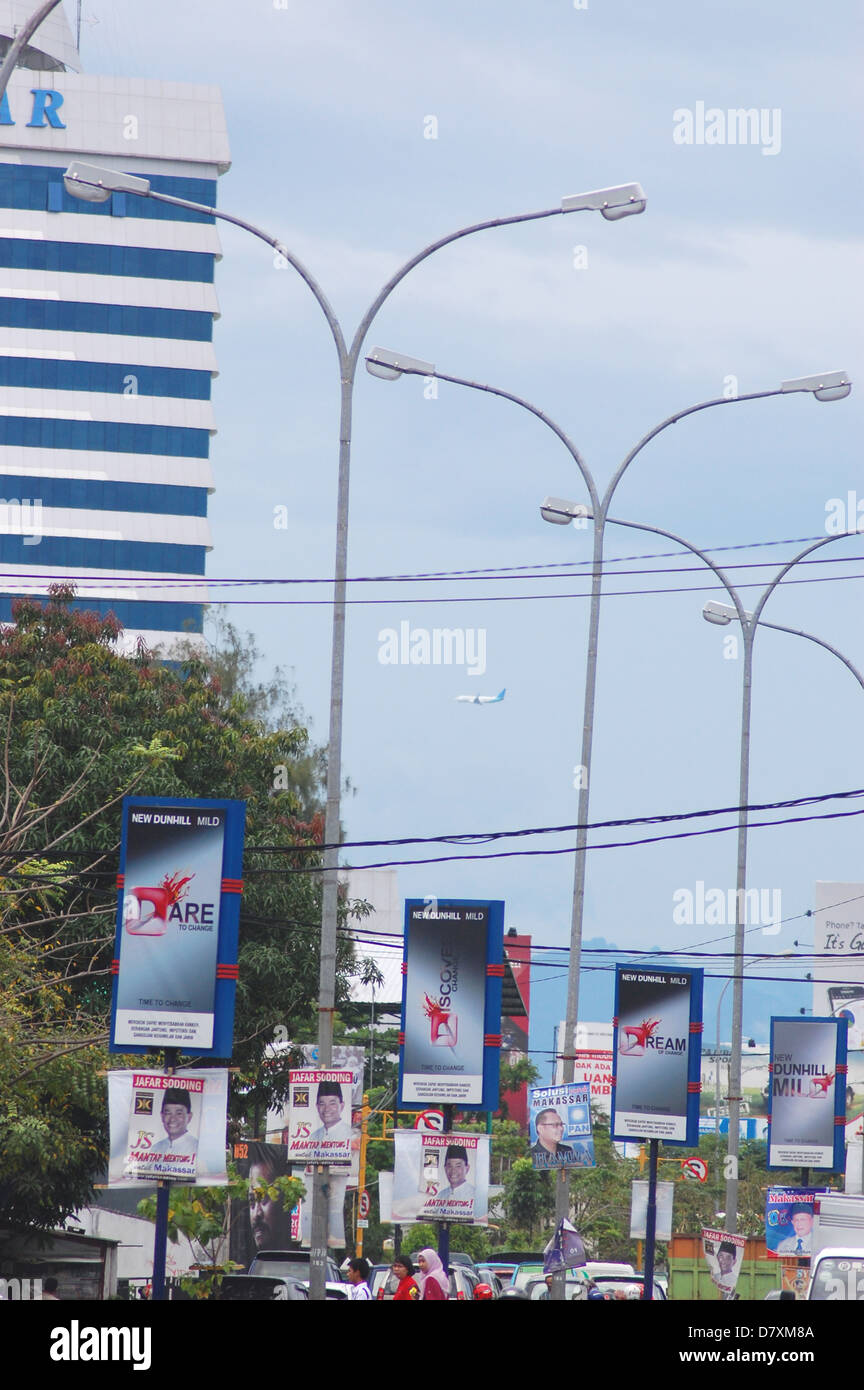 Street view with Fajar tower in Makassar Stock Photo