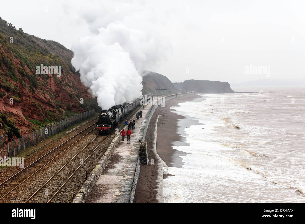 The Mayflower double headed by steam locomotives 45407 The Lancashire Fusilier  and 34067 Tangmere, Dawlish Warren Devon UK. Stock Photo