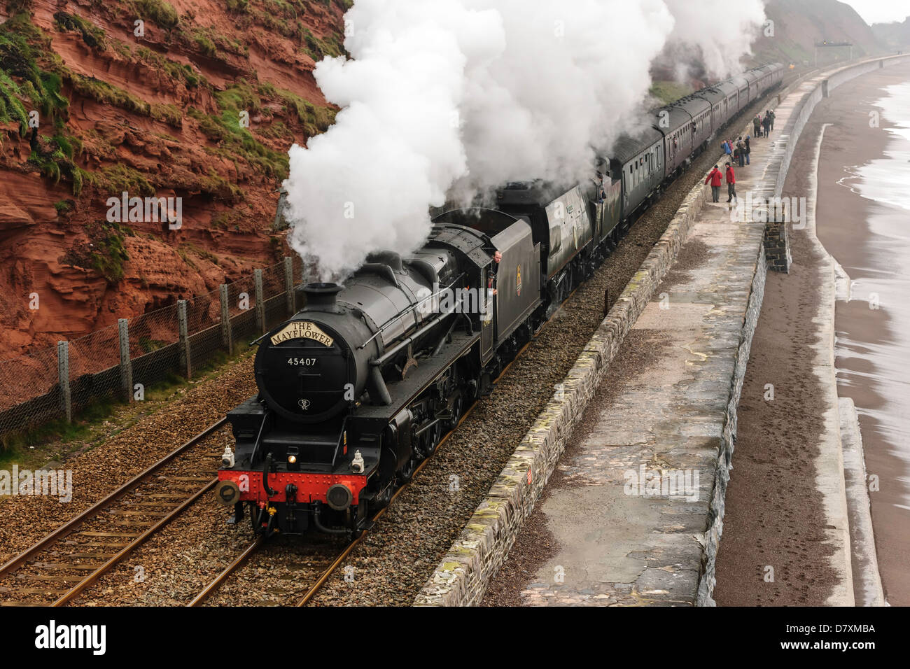 The Mayflower double headed by steam locomotives 45407 The Lancashire Fusilier  and 34067 Tangmere, Dawlish Warren Devon UK. Stock Photo
