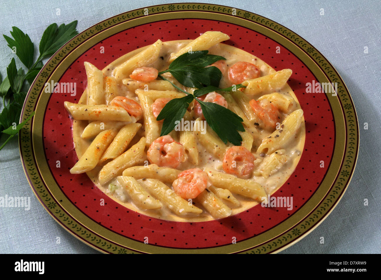 Shrimp and pasta dish Stock Photo