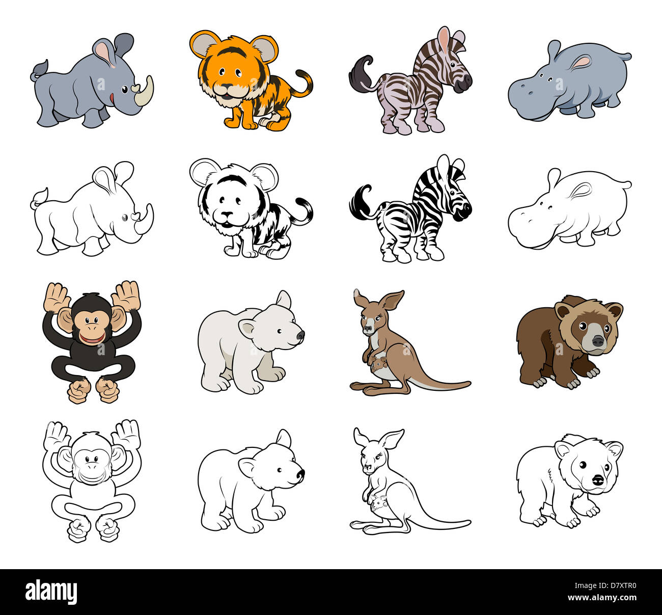 A set of cartoon wild animal illustrations. Color and black an white outline versions. Stock Photo
