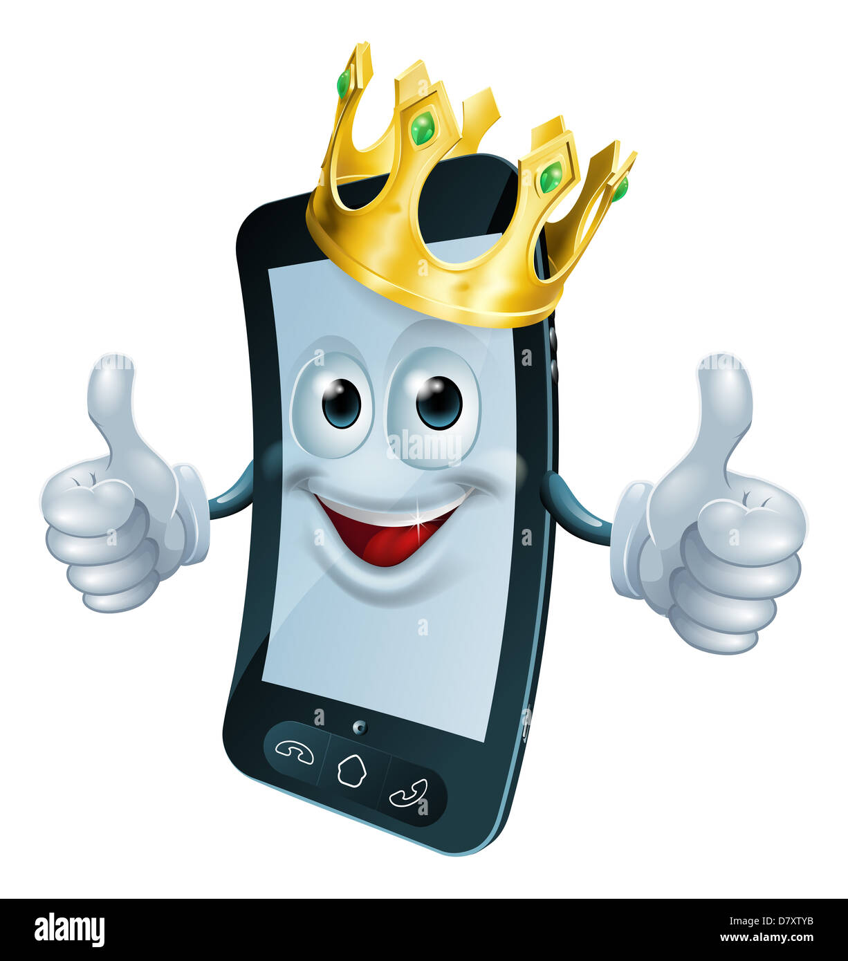Illustration of a phone mascot man wearing a gold crown and giving a double thumbs up Stock Photo