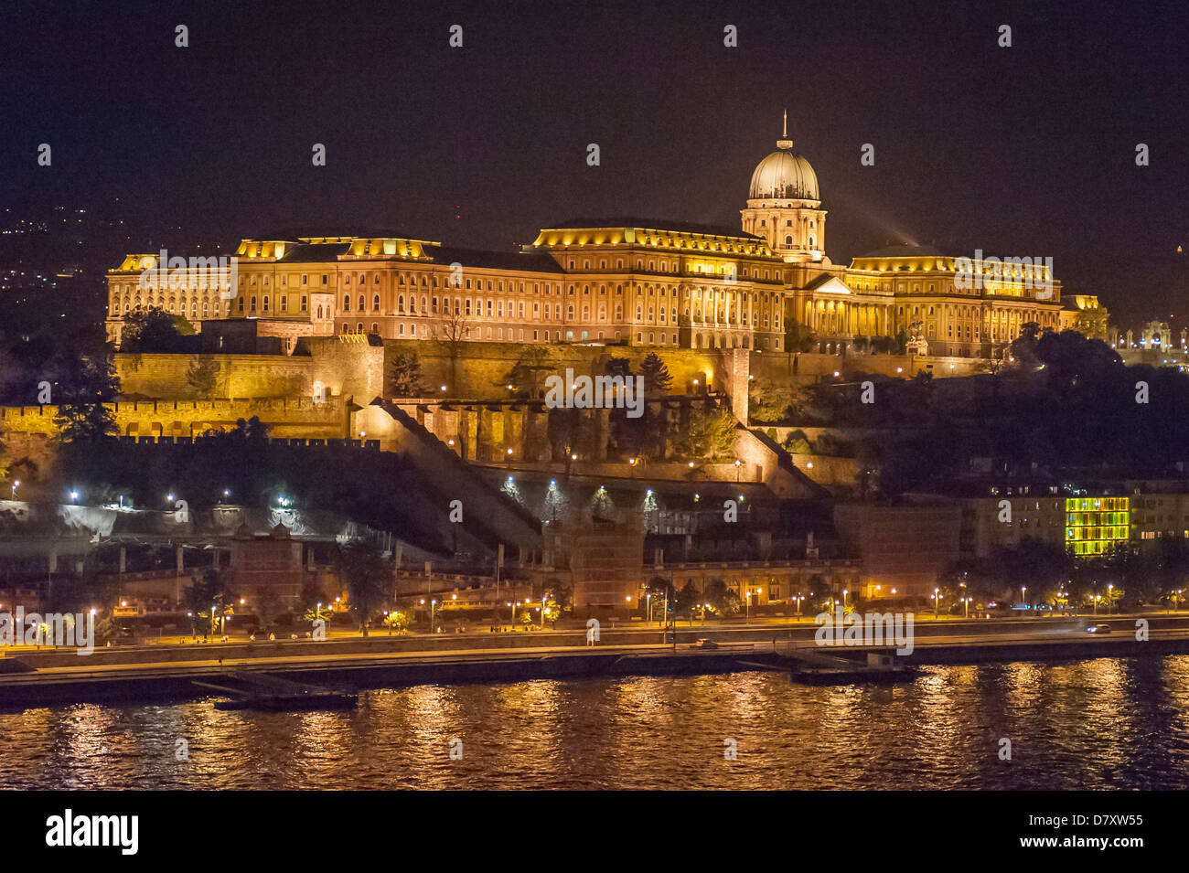 Budapest Hungary The Royal Palace dome cupola Castle Hill at night & River Danube cars traffic