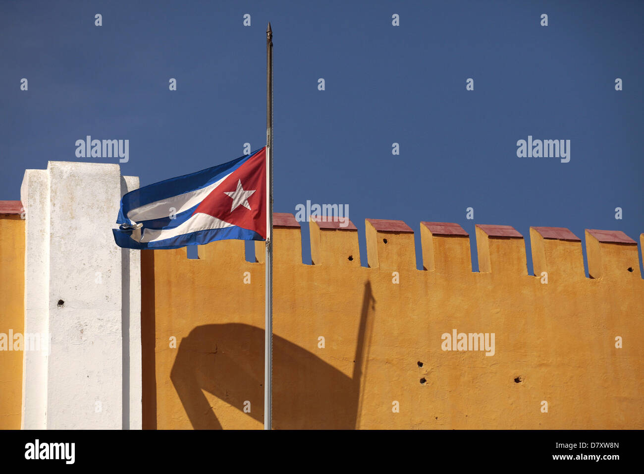 cuban flag and Bullet Holes at Moncada Barracks, Santiago de Cuba, Cuba, Carribean Stock Photo