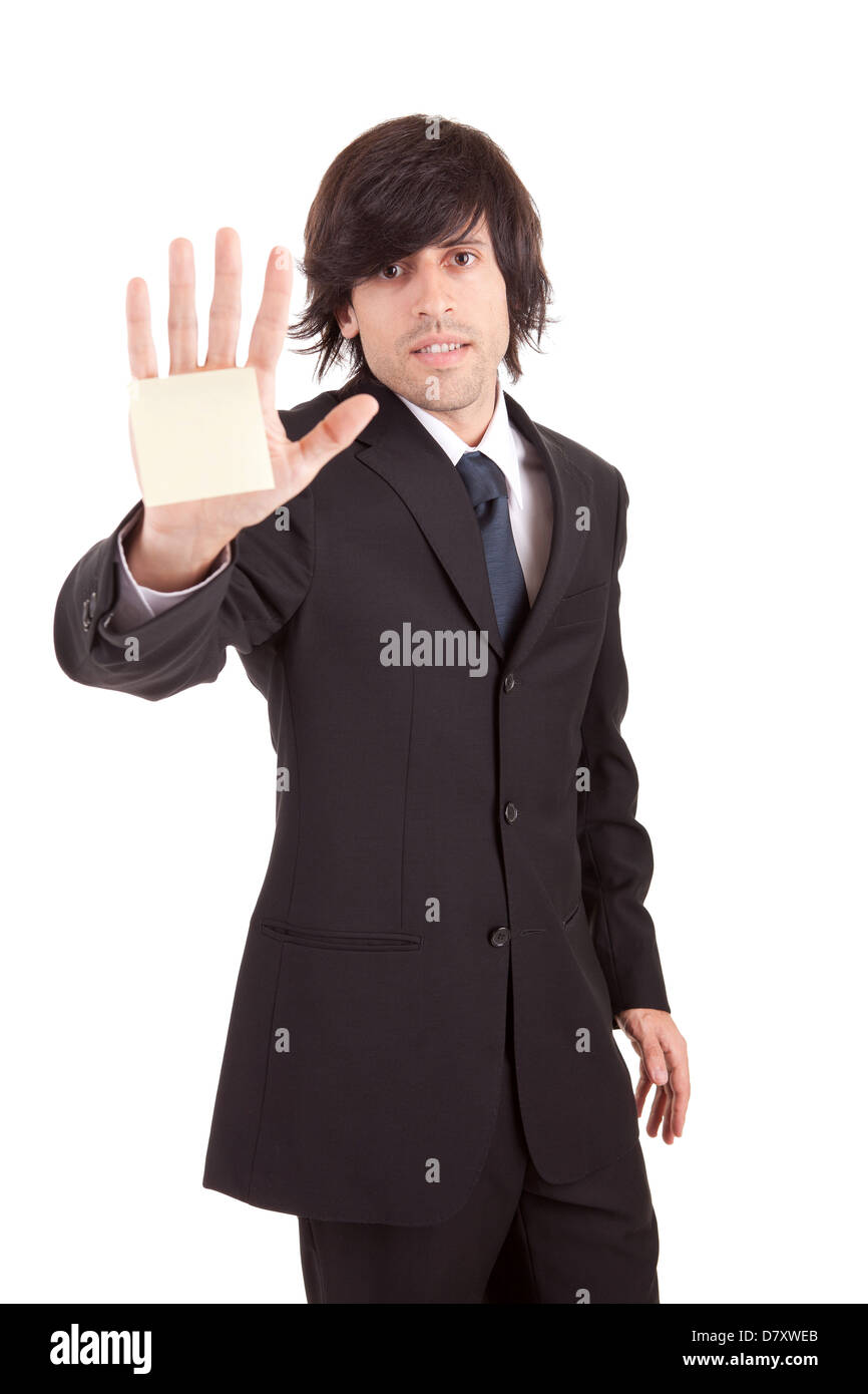 Overworked businessman with yellow sticky reminder note Stock Photo