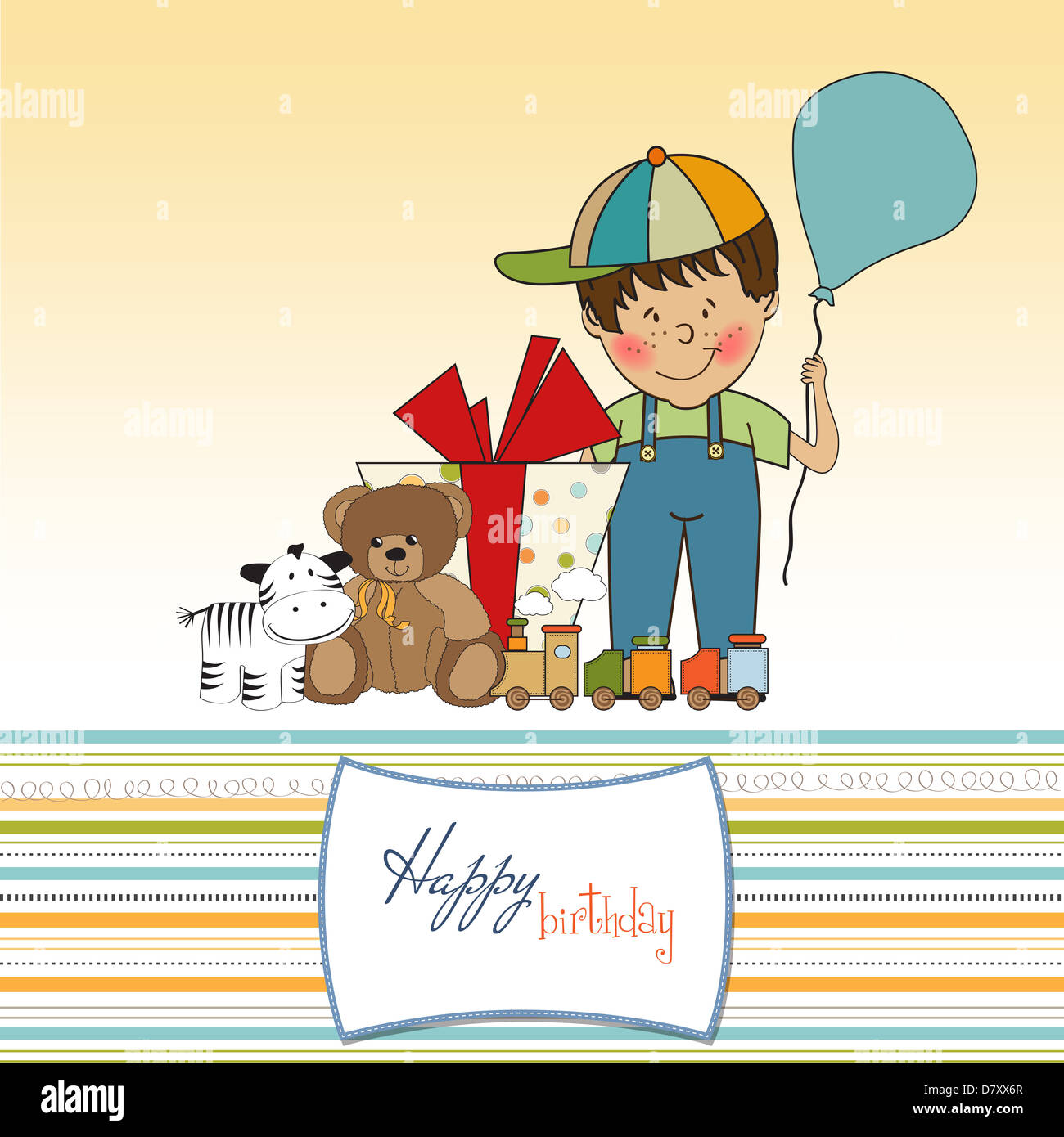 birthday greeting card with little boy and presents Stock Photo - Alamy