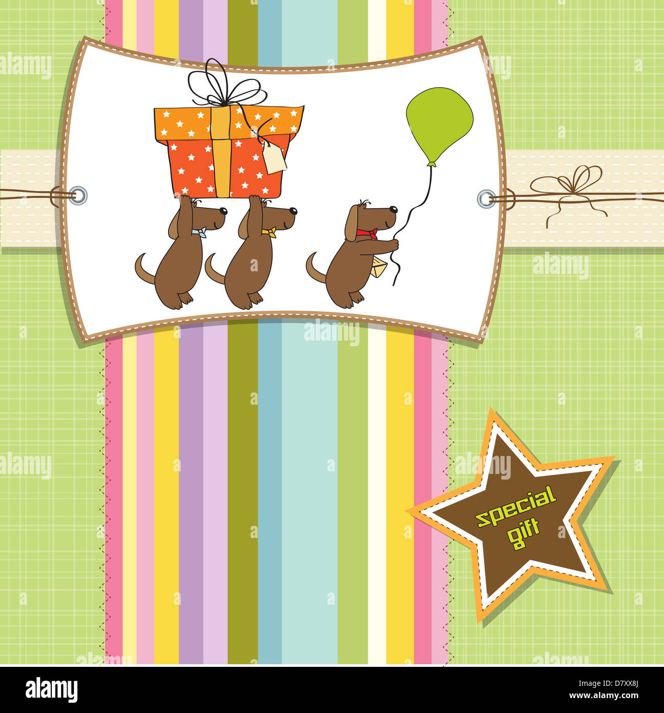 three dogs that offer a big gift. birthday greeting card, vector ...
