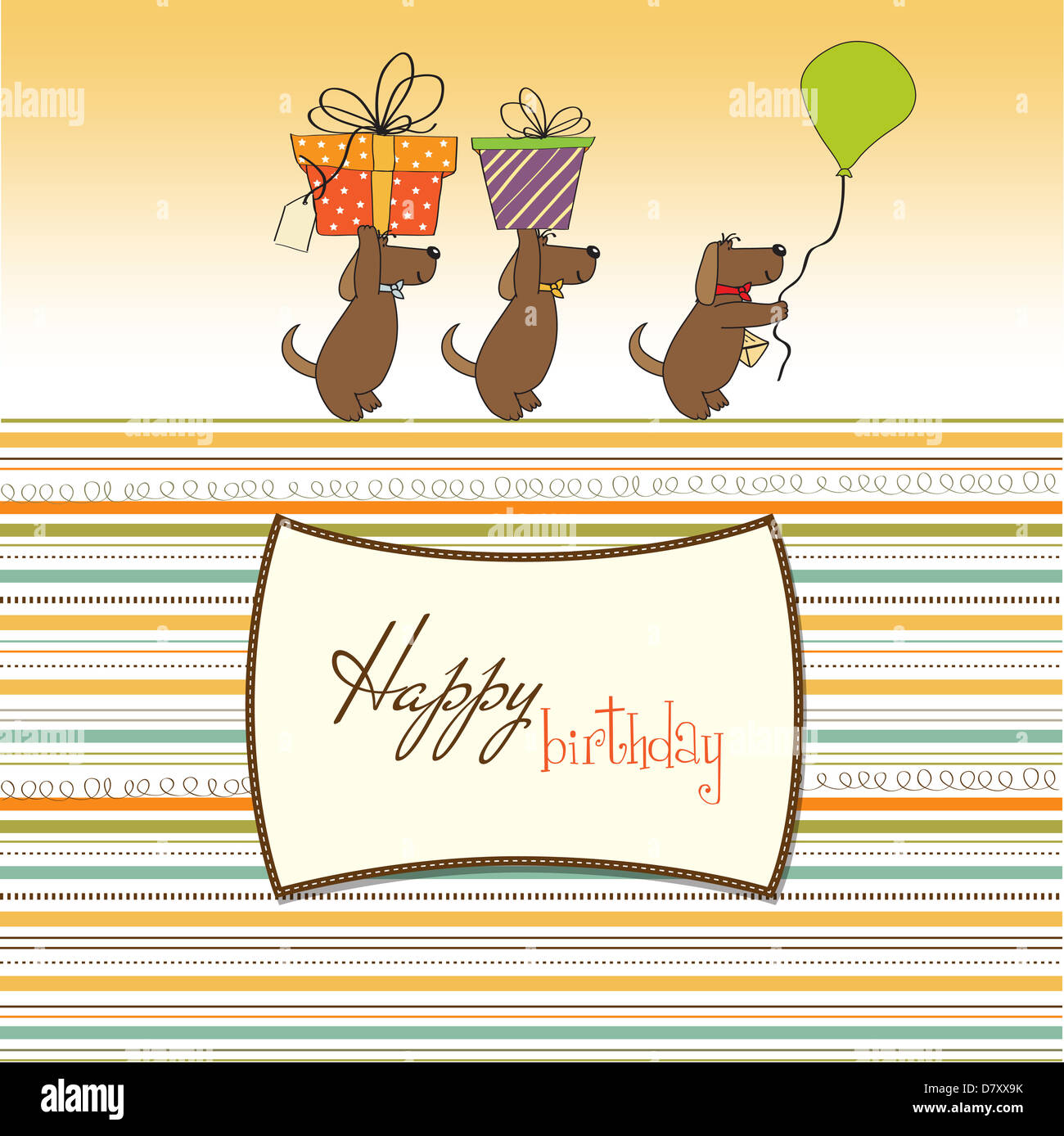 three dogs that offer a big gift. birthday greeting card, vector ...