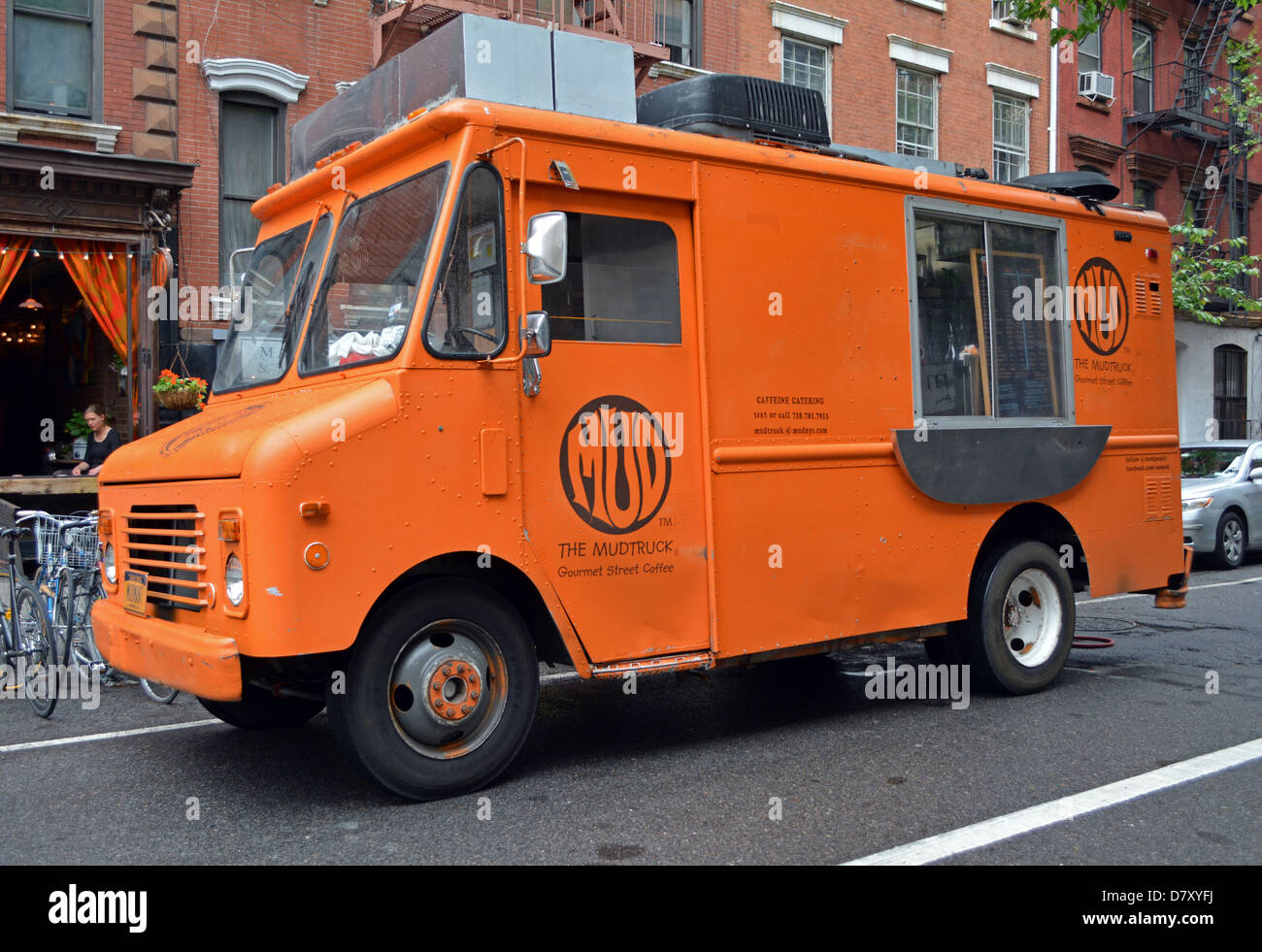 The Mud Truck, a food van in New York City that specializes in coffee and snacks.food, truck, van, Manhattan, coffee, Mud Stock Photo